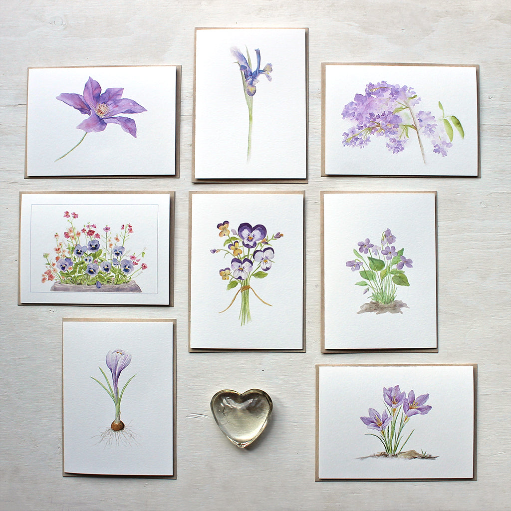 Eight note cards featuring purple botanical watercolour images by Kathleen Maunder