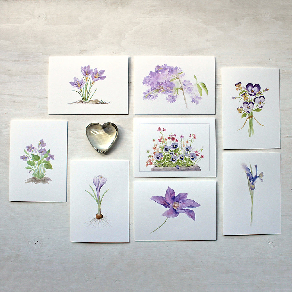 Eight note cards featuring purple floral watercolor images by Kathleen Maunder