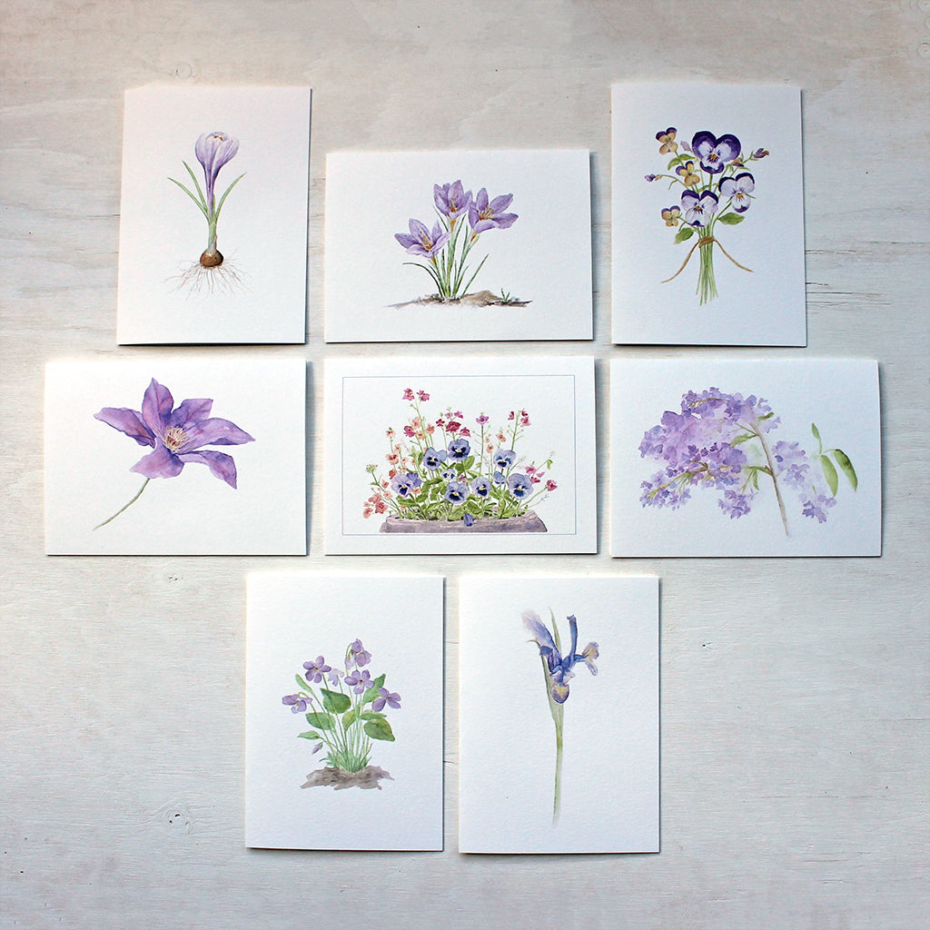 Watercolor note cards featuring purple flowers in watercolor. Artist Kathleen Maunder.