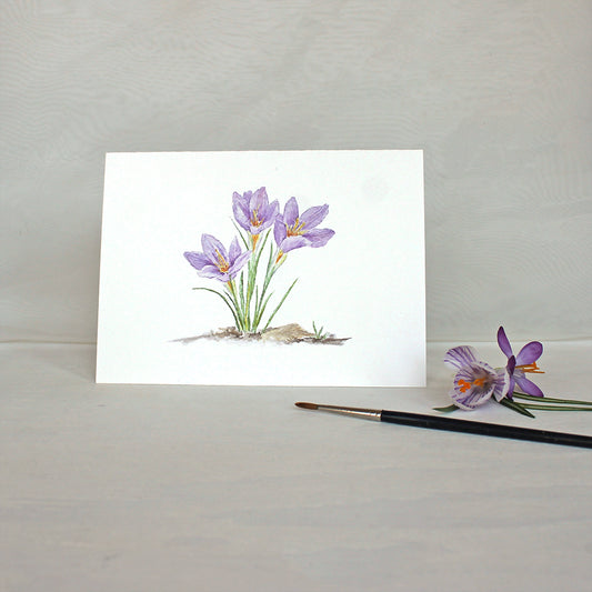 Note card with three purple crocuses by watercolor artist Kathleen Maunder