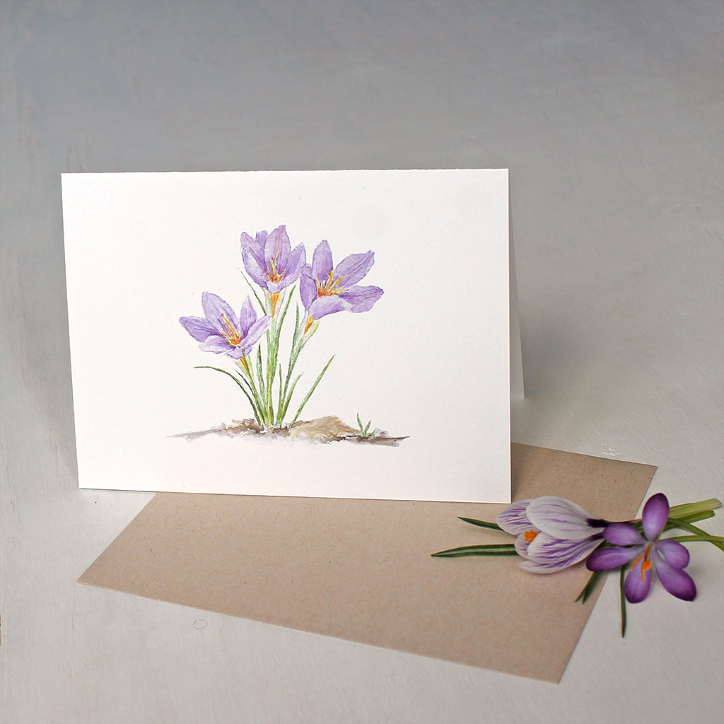 Note card with botanical watercolor of three purple crocuses