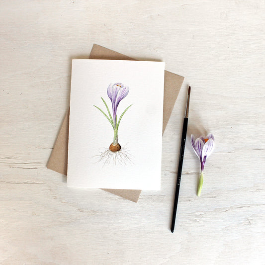 Watercolor painting of striped purple crocus on note card. Artist Kathleen Maunder