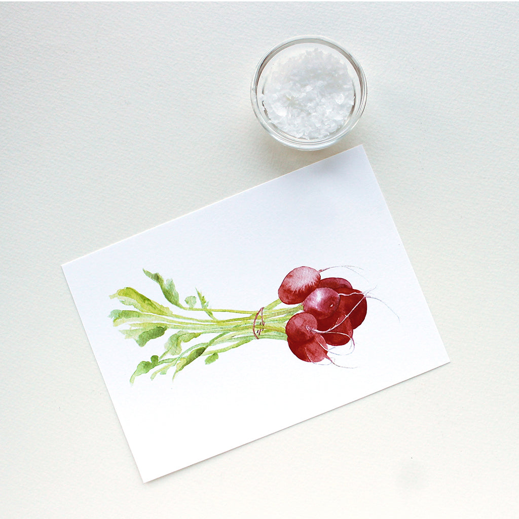 An art print featuring a lovely watercolor painting of a bunch of red radishes. Artist Kathleen Maunder.