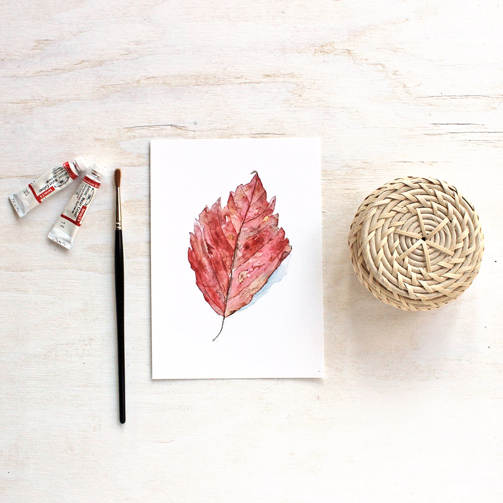 An art print of a beautiful autumn red beech leaf based on a watercolor painting by Kathleen Maunder.