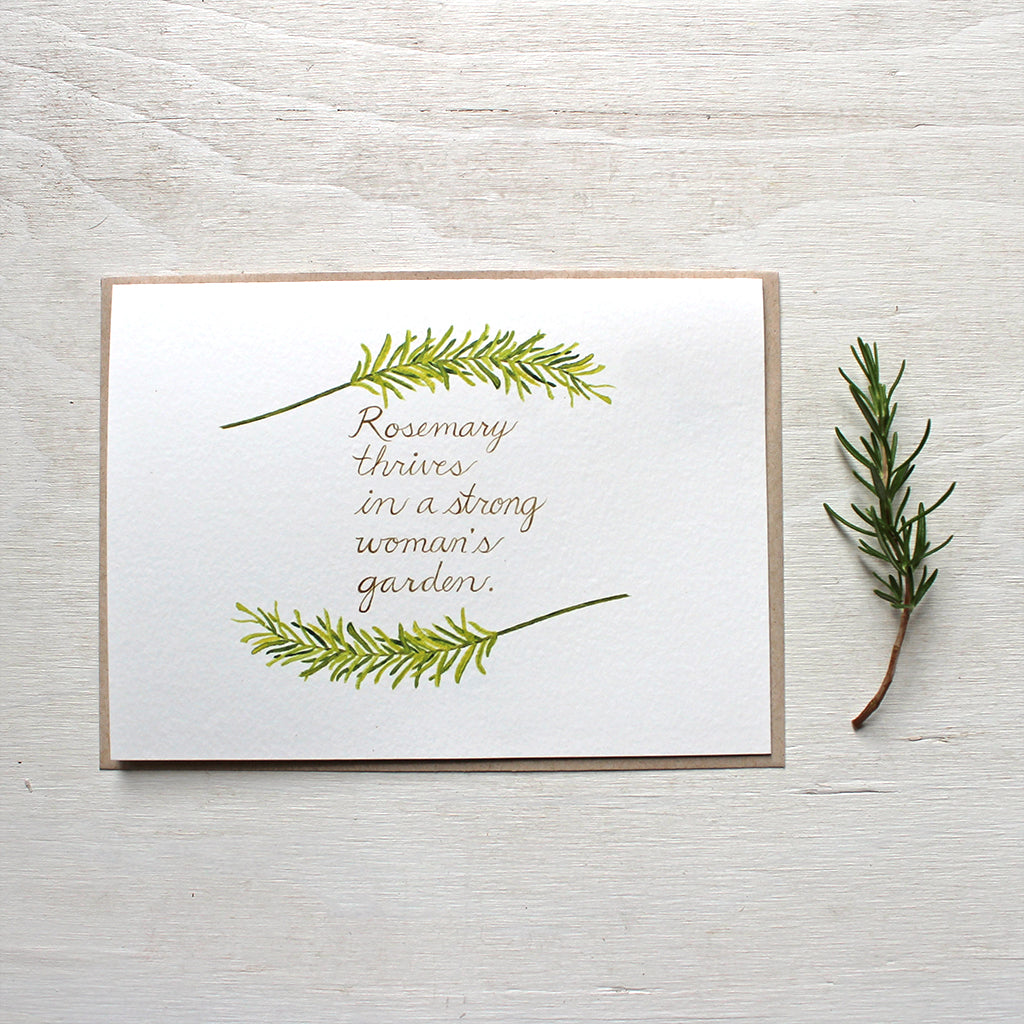 Rosemary herb watercolor note card featuring strong woman quote