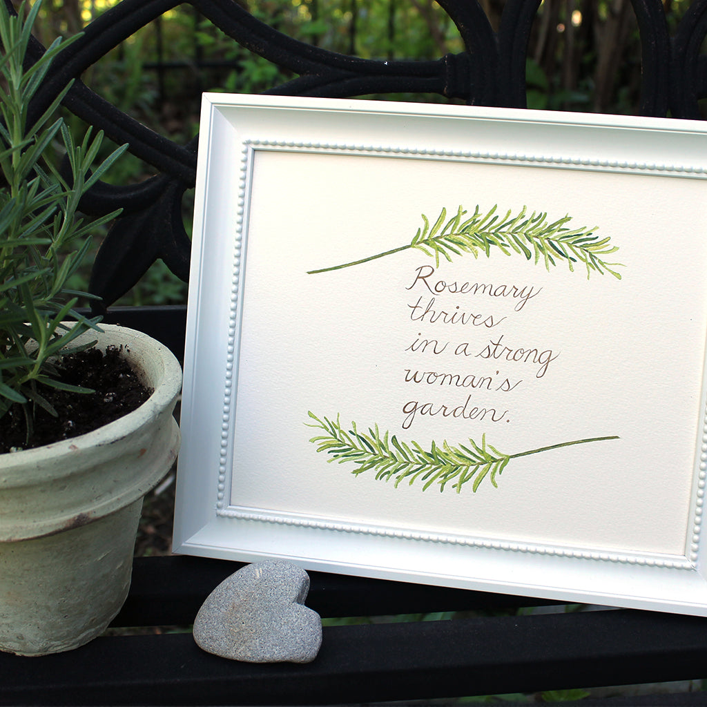 Art print featuring a watercolor painting of rosemary sprigs with a hand-lettered inspirational quote. Artist Kathleen Maunder