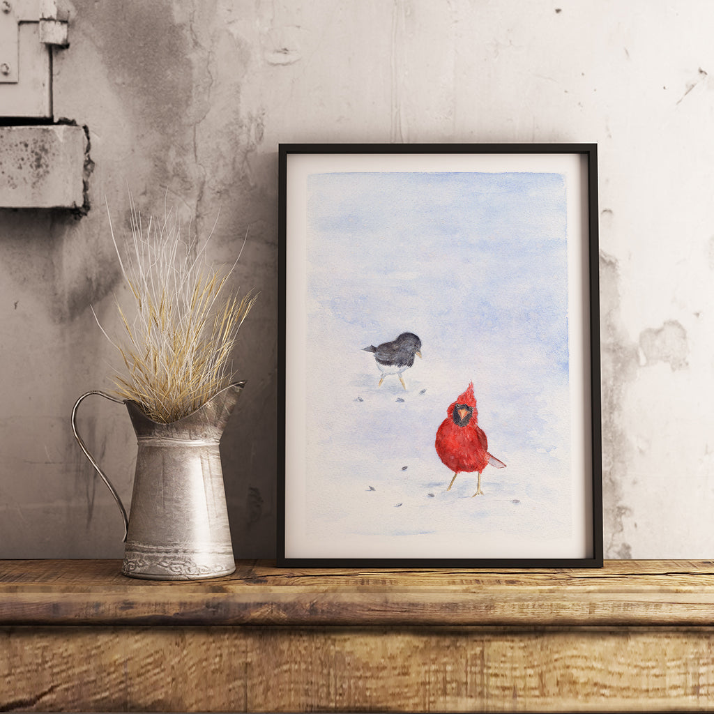 Example of framed Cardinal and Junco print by Kathleen Maunder