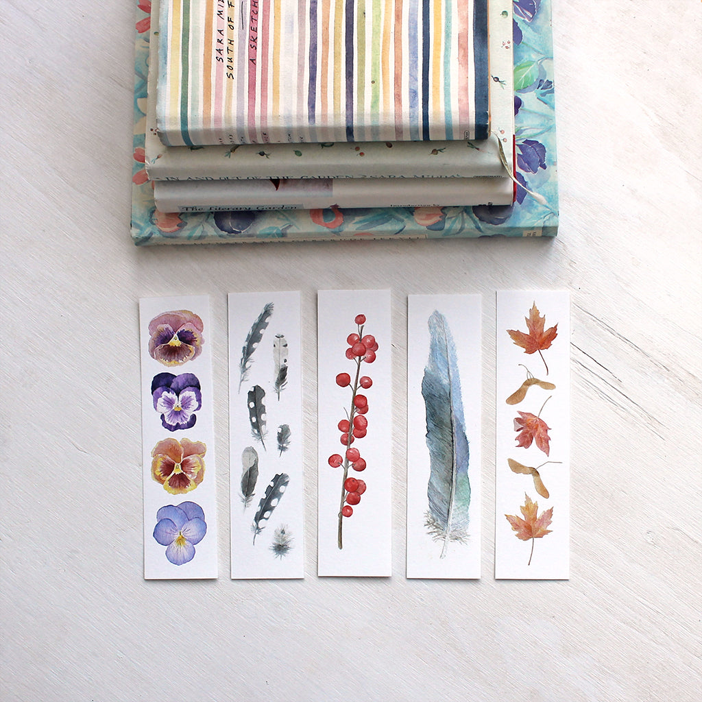 Five watercolour bookmarks by artist Kathleen Maunder of Trowel and Paintbrush