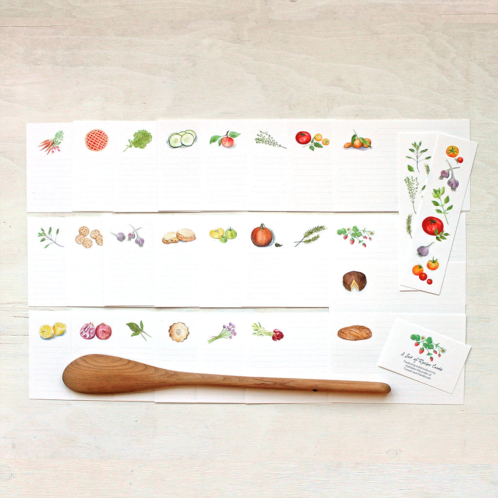A set of twenty-four 6x4 inch recipe cards and two bookmarks all featuring watercolor paintings by Kathleen Maunder.