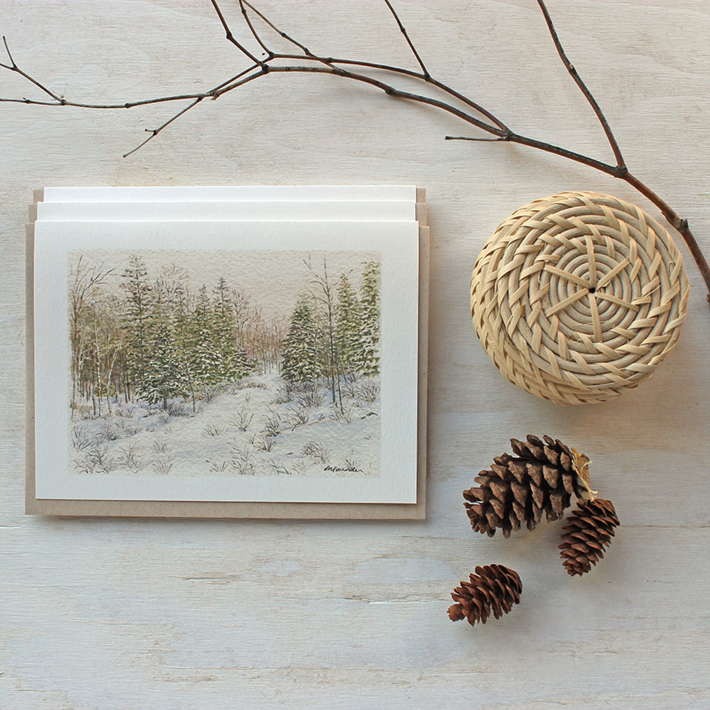 Note Card depicting Winter forest landscape in Eastern Townships by watercolour artist Kathleen Maunder