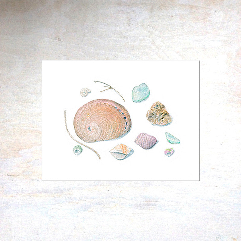 Shells and Sea Glass Watercolor Print by Kathleen Maunder, Trowel and Paintbrush