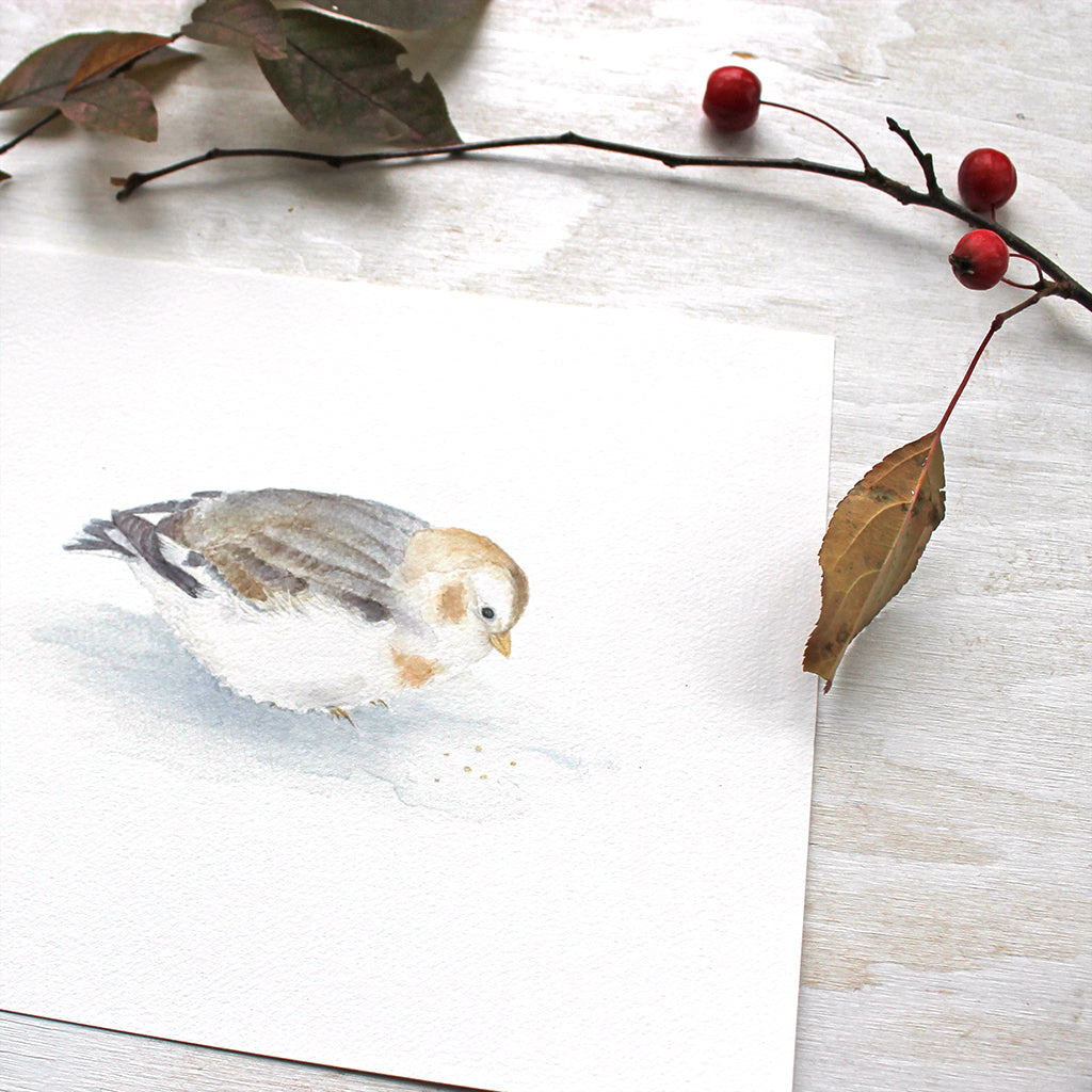Close up of snow bunting watercolour painting by artist Kathleen Maunder. Available as 8 x 10 art print.