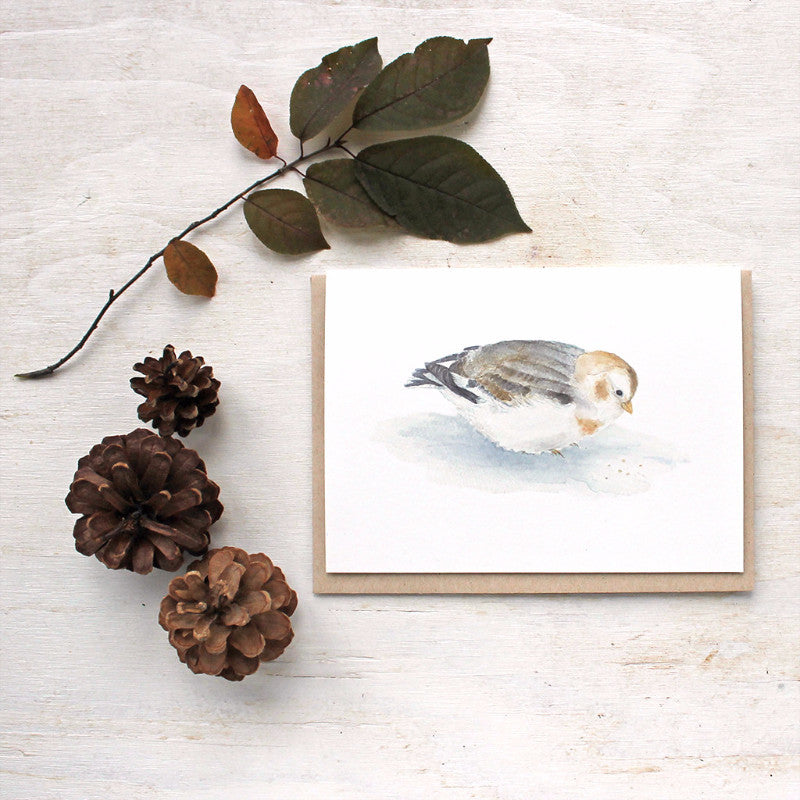 Note card featuring a delicate painting of a snow bunting by watercolor artist Kathleen Maunder of Trowel and Paintbrush