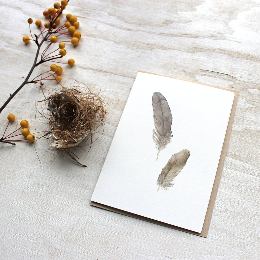 Sparrow feathers note card set by watercolor artist Kathleen Maunder