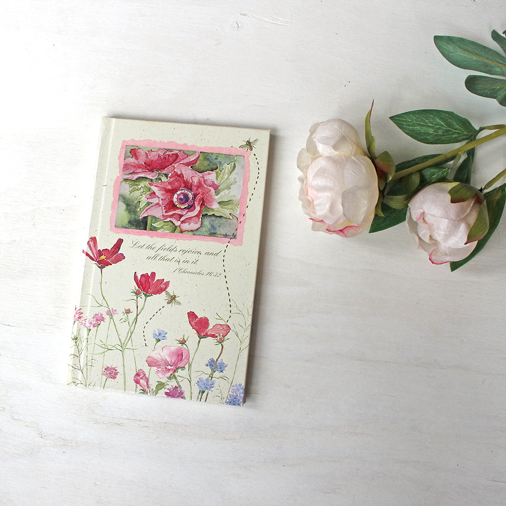 Vintage hardcover journal with Bible quotes. The floral watercolor paintings on the cover are by Kathleen Maunder.