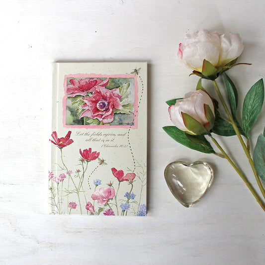 Vintage hardcover journal with Bible quotes. The floral watercolor paintings on the cover are by Kathleen Maunder.