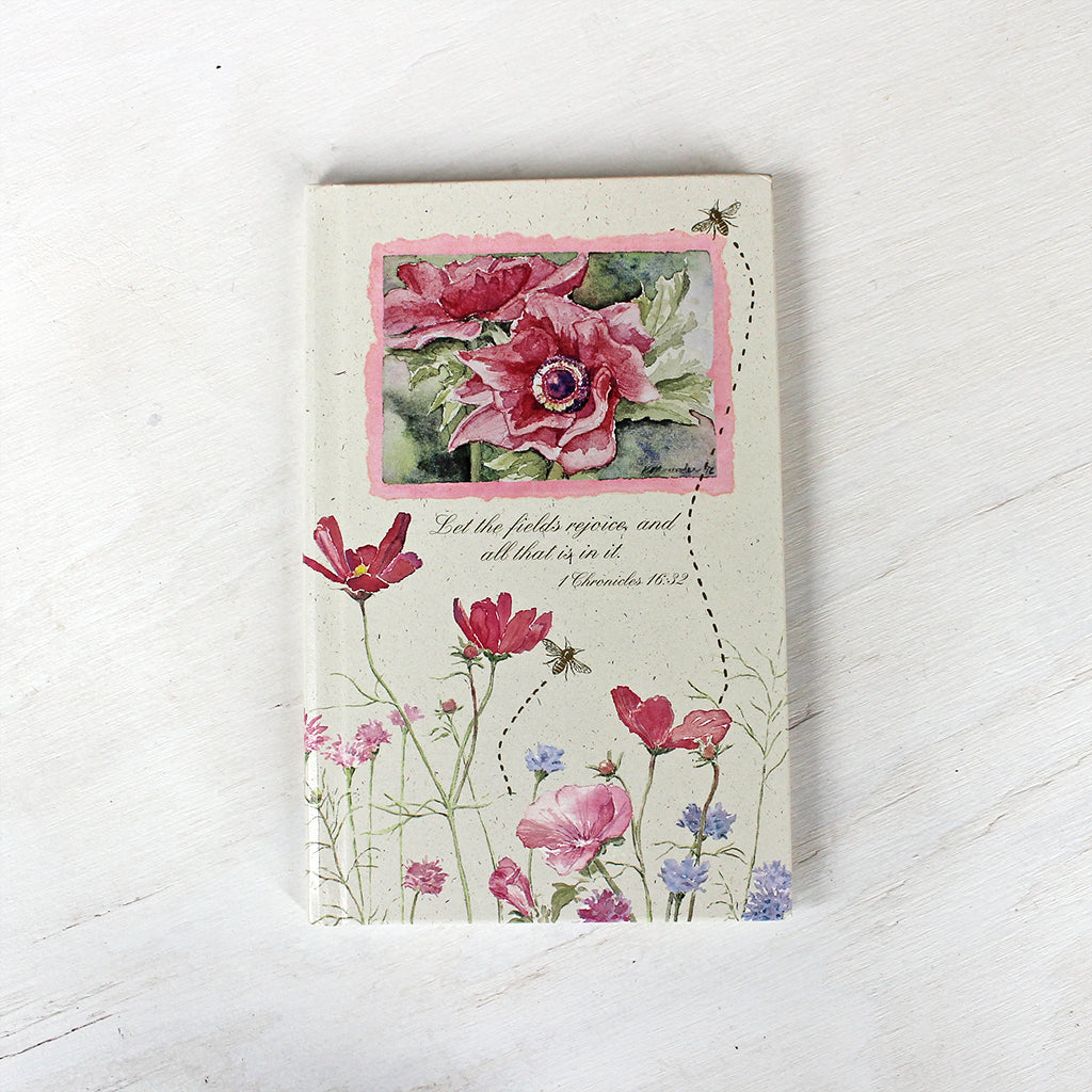 Vintage hardcover journal with Bible quotes. The floral watercolor paintings on the cover are by Kathleen Maunder.