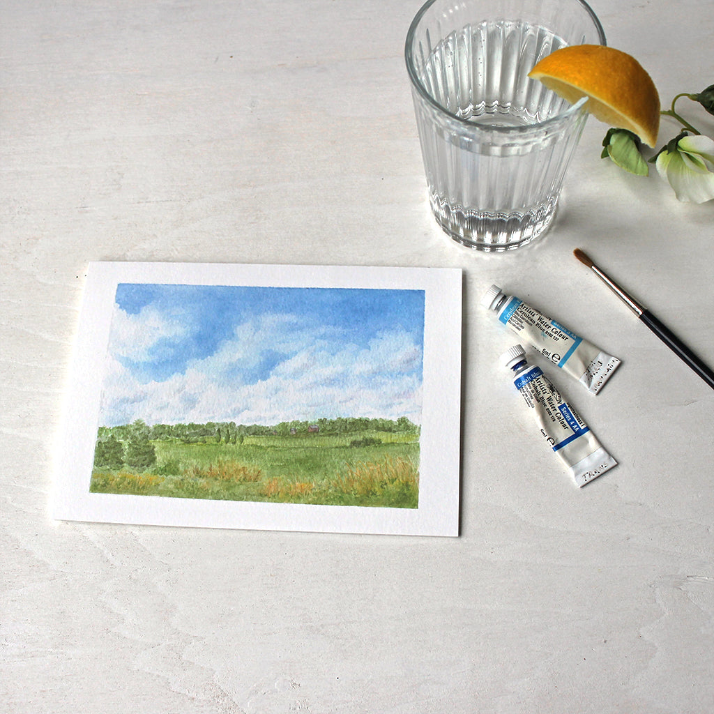 'Summer Day' note cards featuring a watercolor painting of a rural landscape by Kathleen Maunder