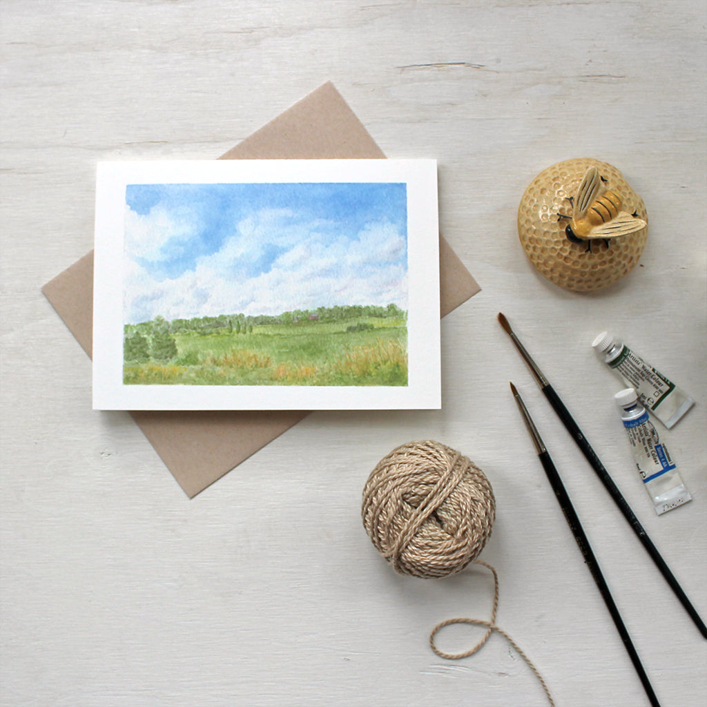 Rural landscape on a summer day - Set of note cards featuring a watercolor painting by Kathleen Maunder