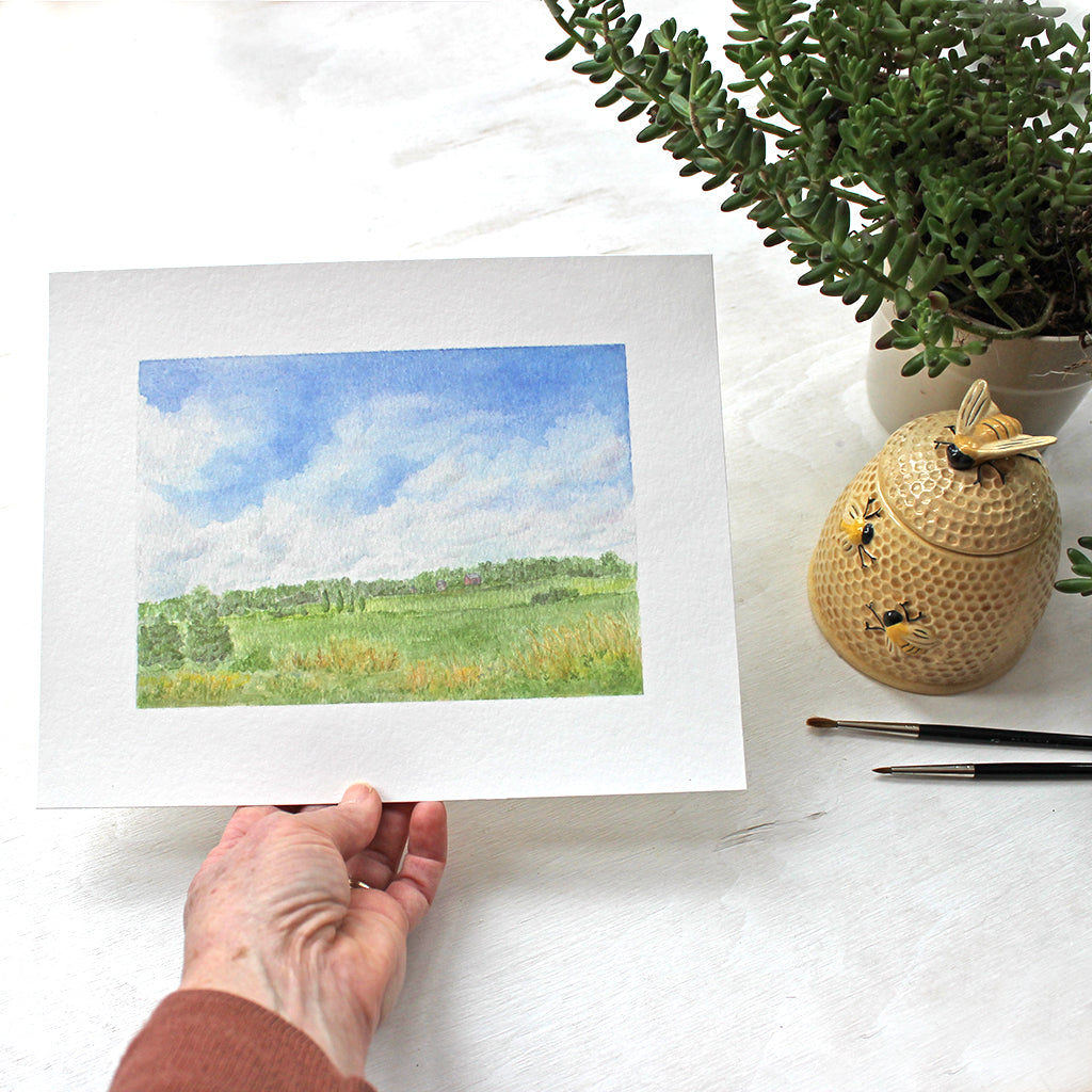 Print featuring a rural landscape watercolour painting called 'Summer Day'. Artist Kathleen Maunder