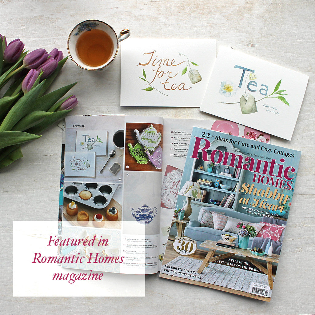 Featured in Romantic Homes magazine: Tea note cards by watercolor artist Kathleen Maunder