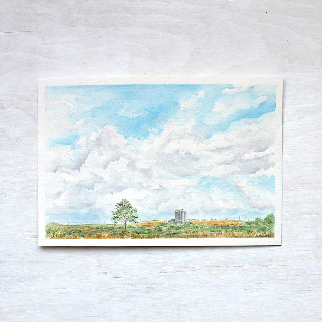 Original watercolor painting of rural landscape in Texas. Artist Kathleen Maunder.