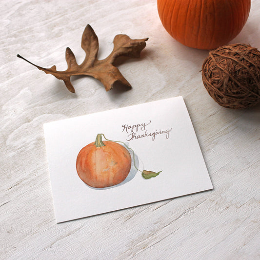Set of 5 Happy Thanksgiving greeting cards featuring a pumpkin watercolor by Kathleen Maunder