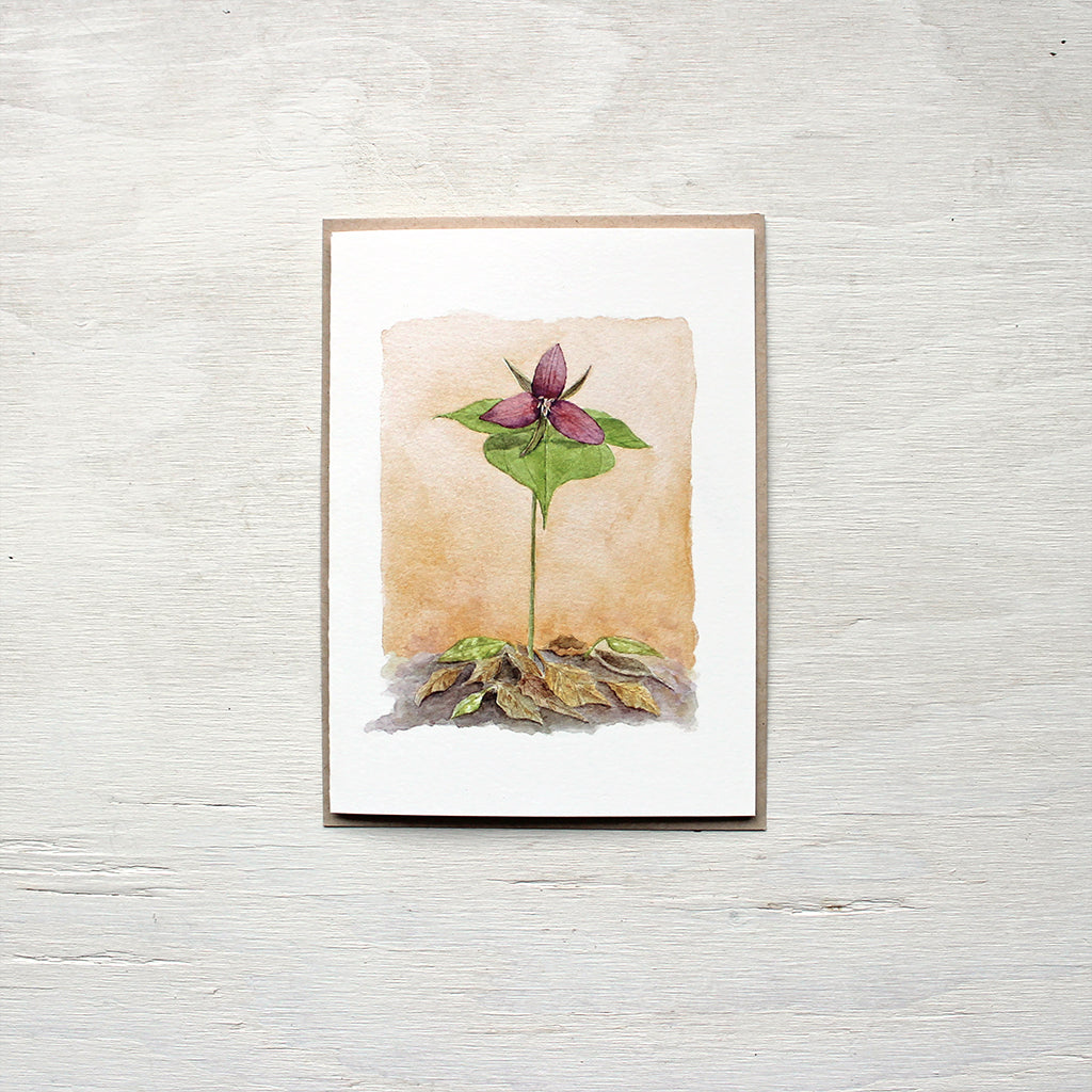 Red Trillium Watercolor Note Card featuring a painting by Kathleen Maunder