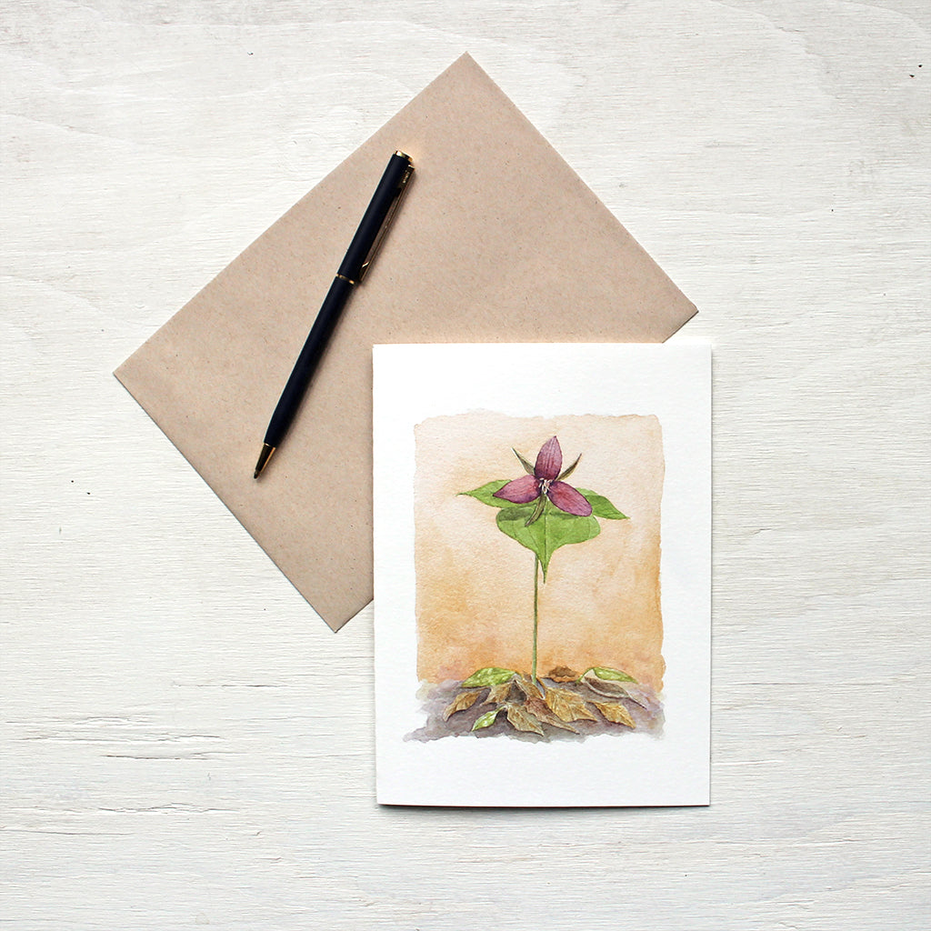 Red Trillium Watercolor Note Card and kraft envelope. Painting by Kathleen Maunder.