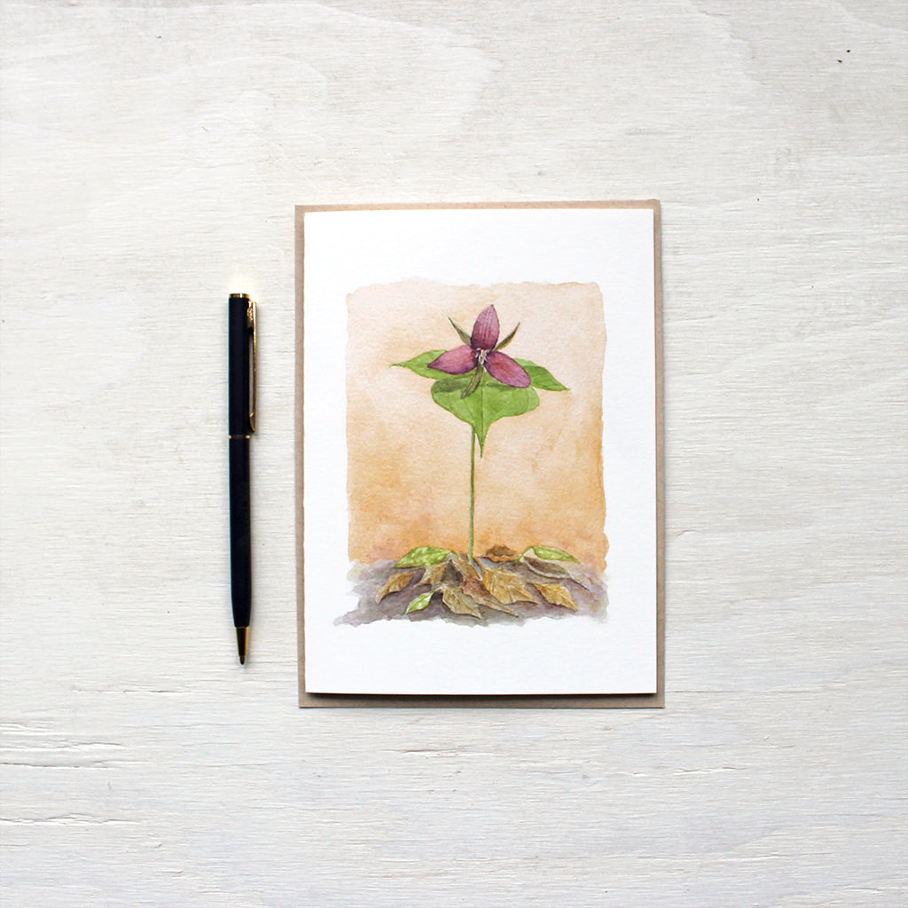 Red Trillium Watercolor Note Card and kraft envelope. Painting by Kathleen Maunder.