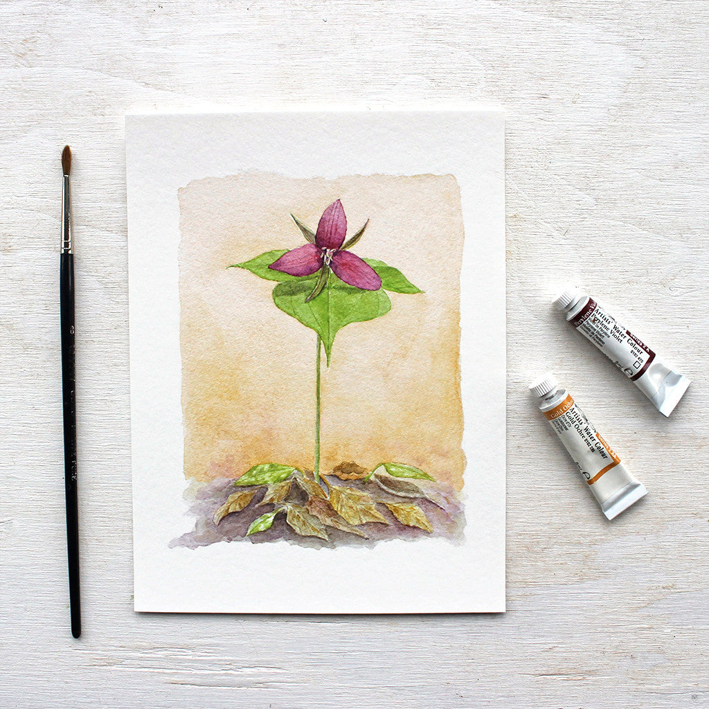 Red trillium print based on an elegant watercolour painting by Kathleen Maunder