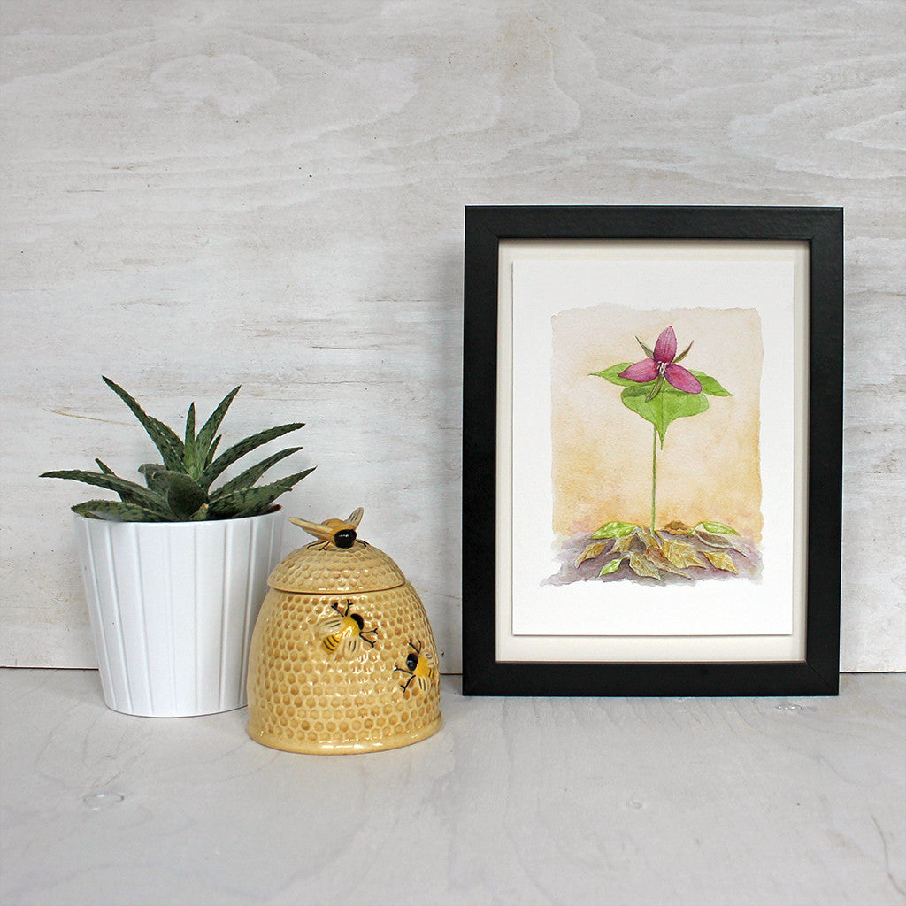 Framed red trillium watercolor print by artist Kathleen Maunder