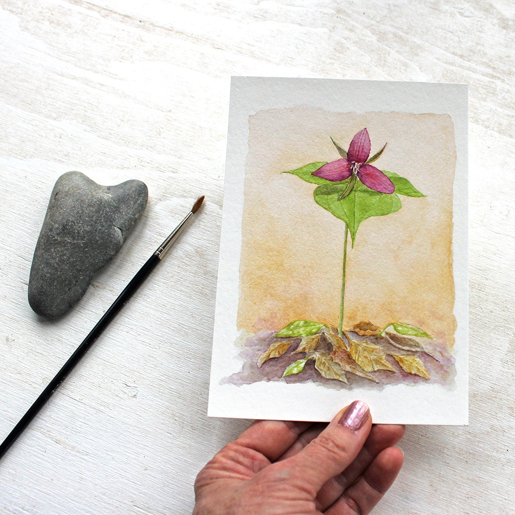 Red trillium art print in 5 x 7 inch format by watercolor artist Kathleen Maunder