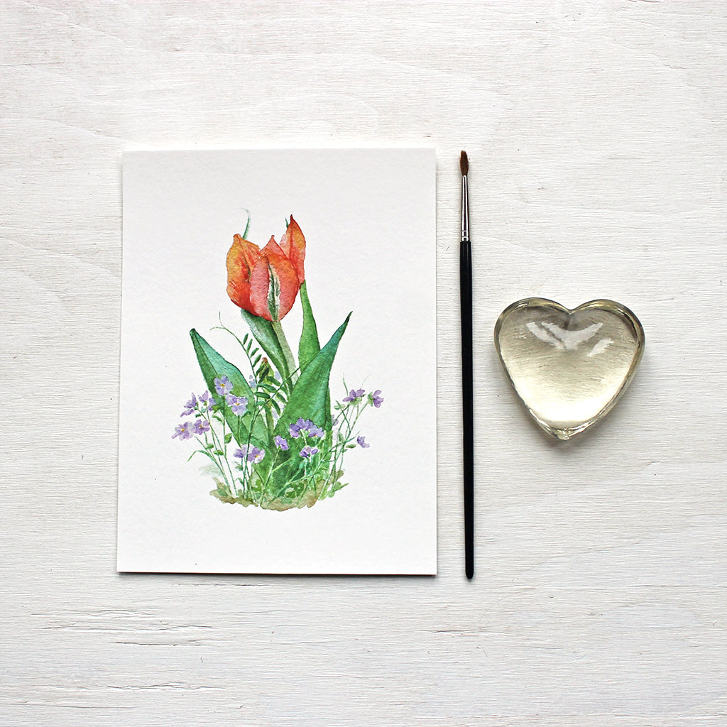 Red Orange Tulip and Violets Print - Watercolor Painting by Kathleen Maunder