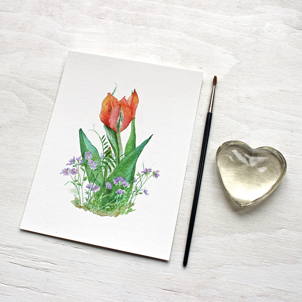 Red Orange Tulip and Violets Print - Watercolour Painting by Kathleen Maunder
