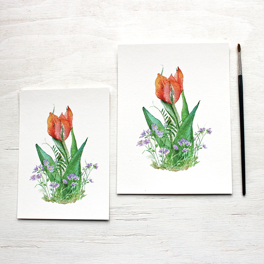 Red Orange Tulip and Violets Print - 5 x 7 and 6 x 8 inches - Watercolor Painting by Kathleen Maunder
