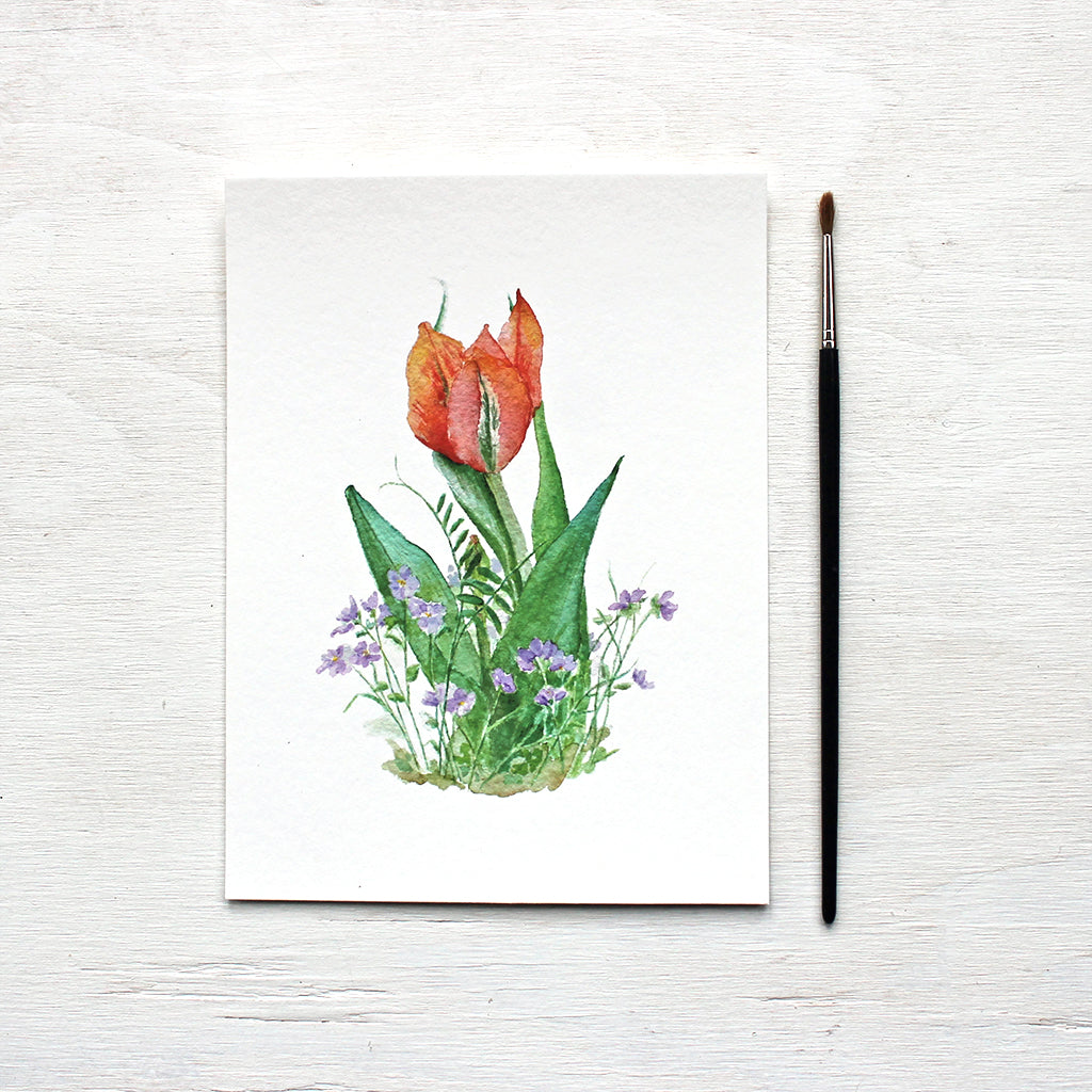 Red Orange Tulip and Violets Print featuring a watercolor painting by Kathleen Maunder