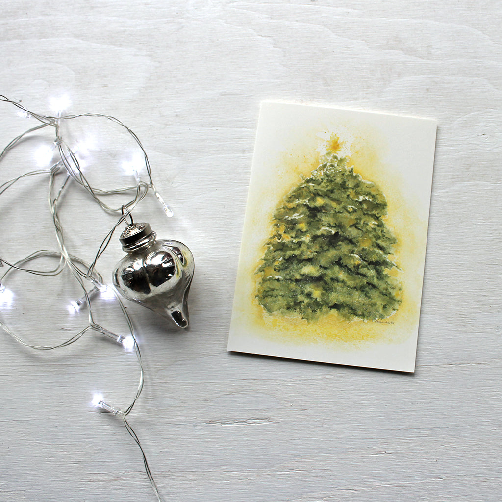 Twinkling Tree watercolour holiday card by Kathleen Maunder of Trowel and Paintbrush