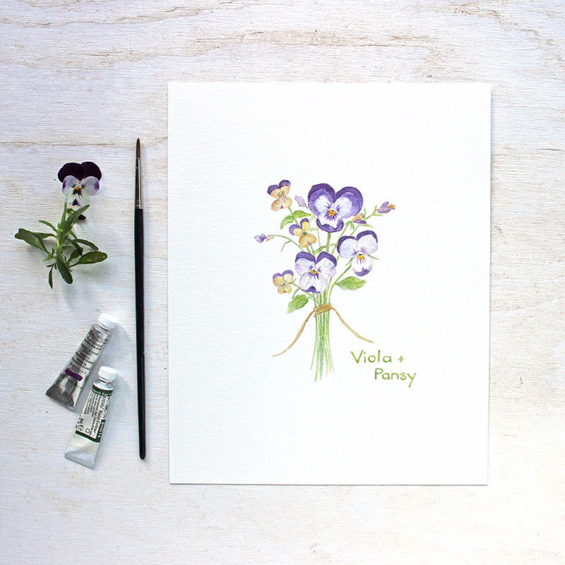 Pansy and viola print - Botanical watercolor painting by Kathleen Maunder