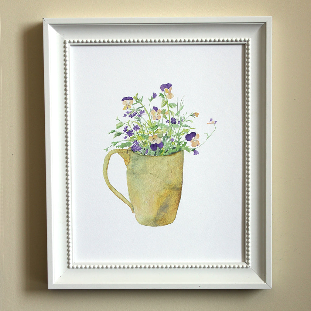 Art print of a lovely watercolor painting of violas and verbena in a ceramic mug. Artist Kathleen Maunder.