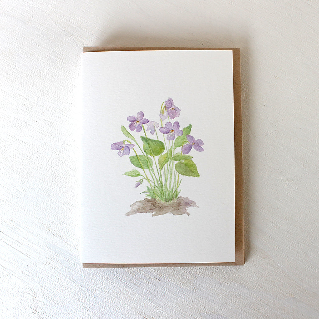 Note cards featuring a delicate painting of wood violets by watercolor artist Kathleen Maunder