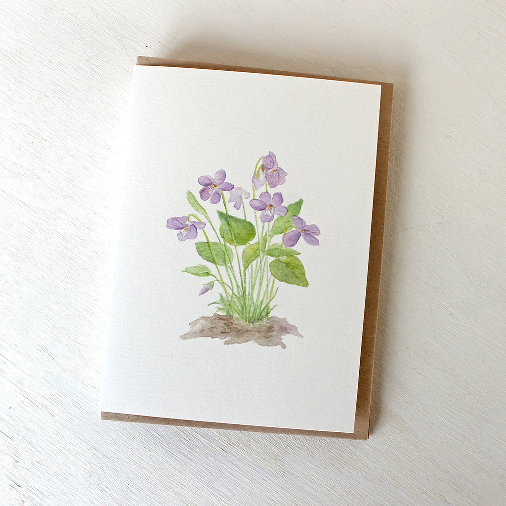 Note cards featuring a watercolor painting of purple wood violets by artist Kathleen Maunder