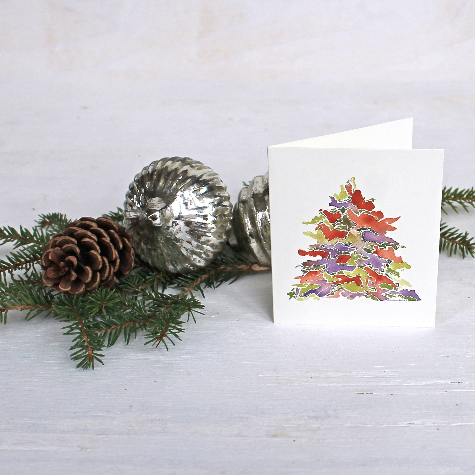 Holiday Tree Gifts Cards for Christmas by watercolor artist Kathleen Maunder of Trowel and Paintbrush