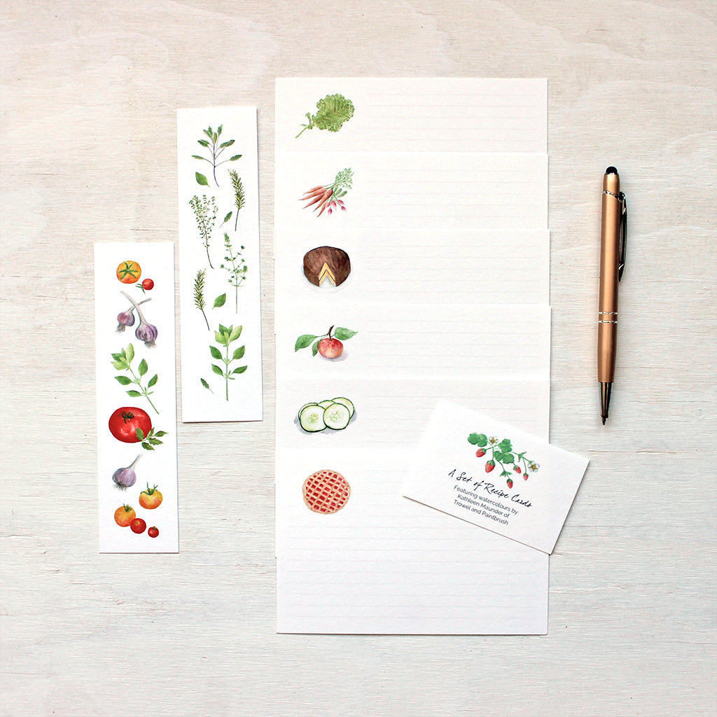 Un ensemble de 24 cartes de recettes en aquarelle plus 2 signets