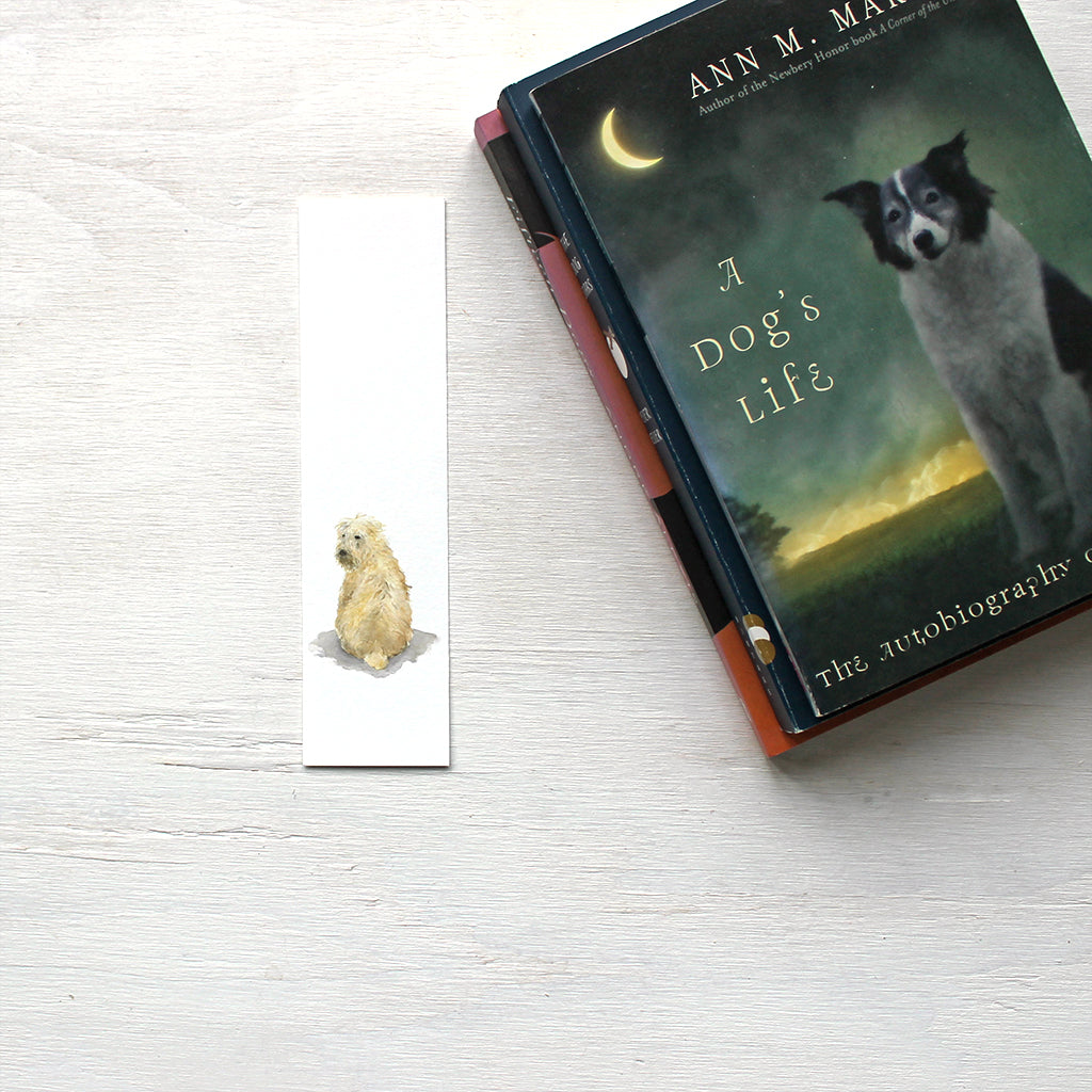 Wheaten terrier paper bookmark featuring a dog painting by watercolor artist Kathleen Maunder