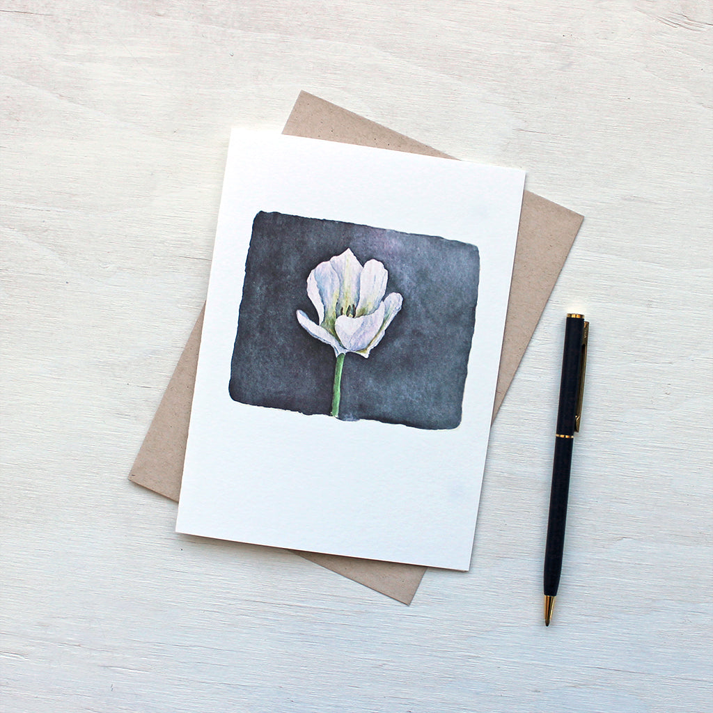 A lovely note card featuring a watercolour painting of an elegant white tulip against a dark background. Watercolor artist Kathleen Maunder.