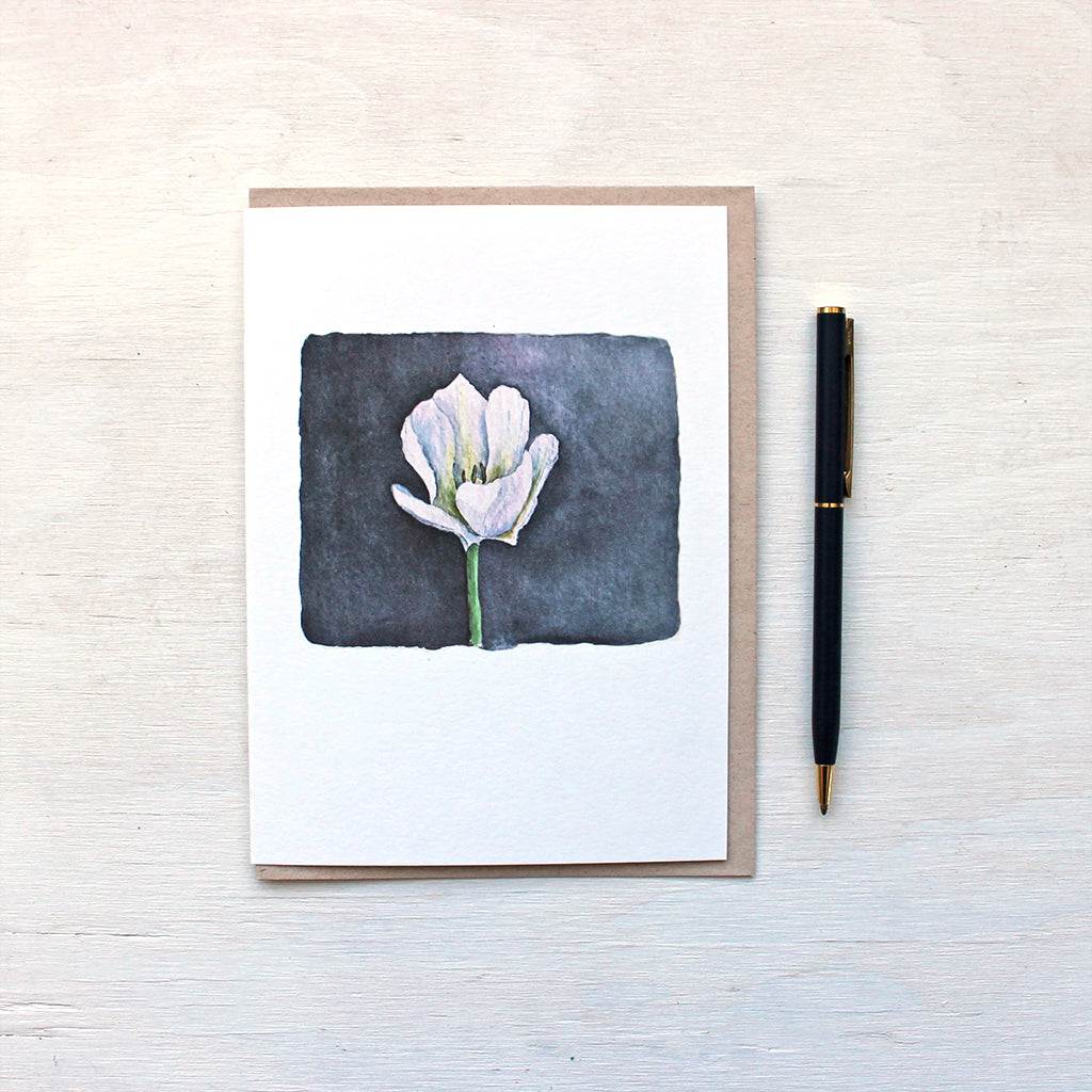 A note card featuring a beautiful watercolor painting of an elegant white tulip against a dark background. Watercolor artist Kathleen Maunder.