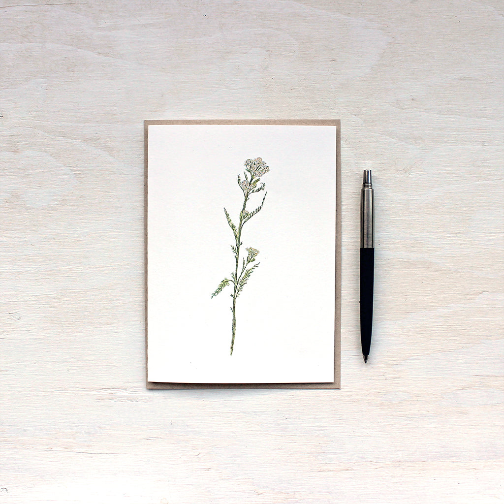 White yarrow watercolor note card with recycled kraft envelope. 
