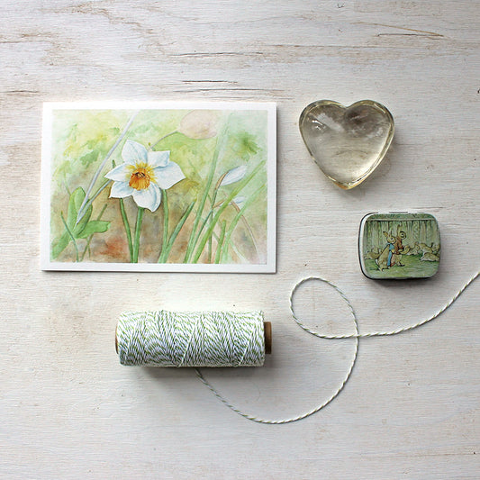 A lovely note card featuring a watercolor painting of a single white and yellow daffodil (narcissus) in a spring garden. Artist Kathleen Maunder.