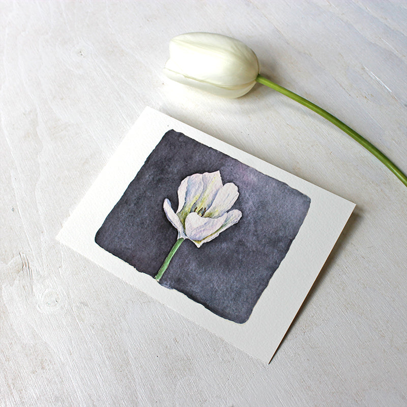White tulip watercolor by artist Kathleen Maunder. 5 x 7 print on lovely paper.